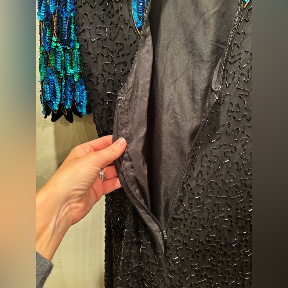 Vintage 100% silk beaded Elegant Black and Blue Sequin Dress stenay size 8 - Picture 11 of 16